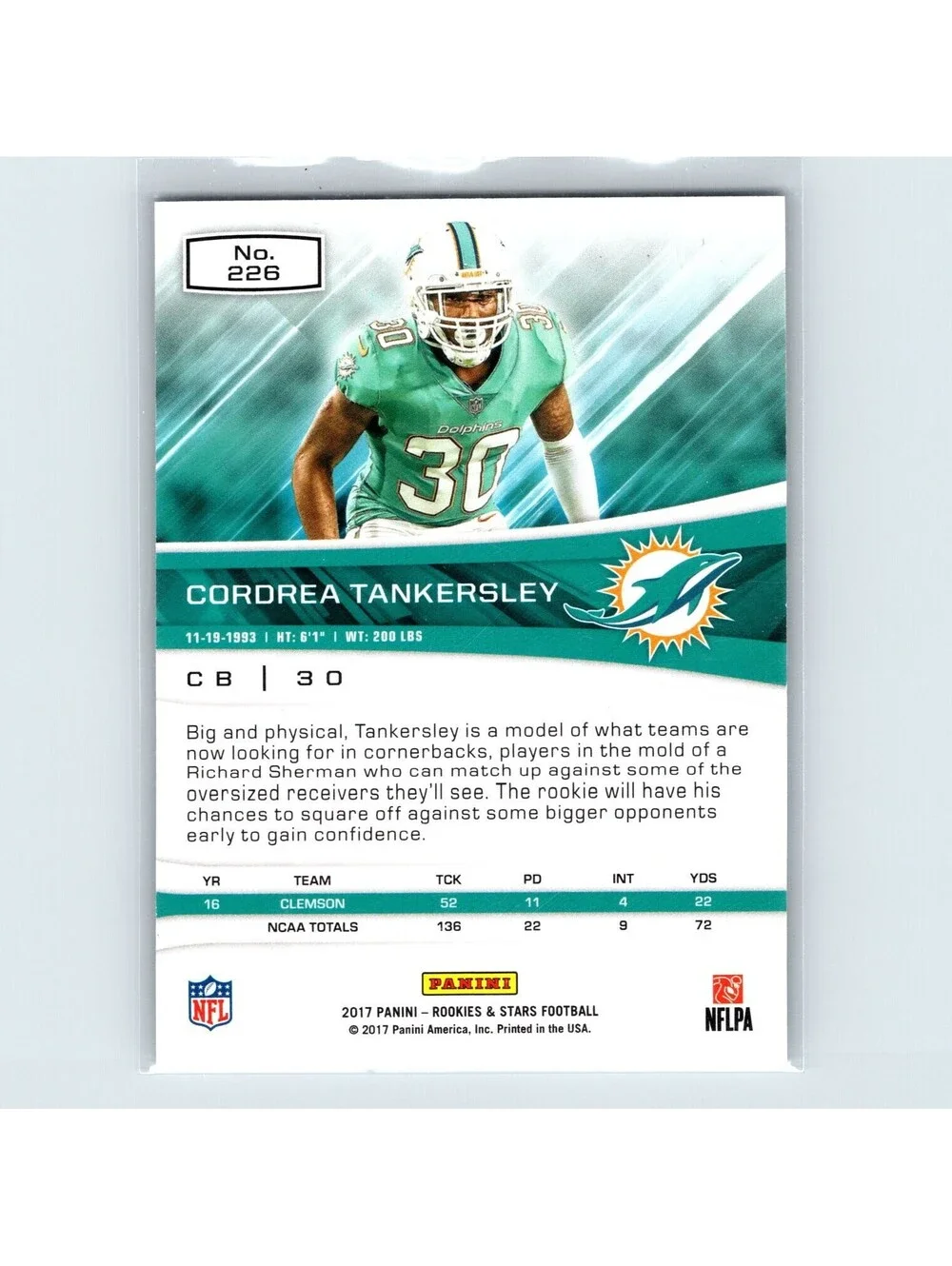 2017 Panini Rookies & Stars Cordrea Tankersley RC #226 Longevity /70 Dolphins